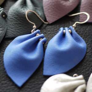 Makerspot Bloom Collection Handmade Blue Leather Petal Earrings with Sterling Silver Ear Hooks One-Of-A-Kind Statement Earrings