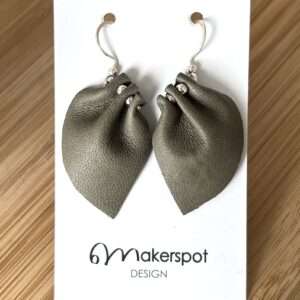 Makerspot Bloom Collection Handmade Olive Green Leather Petal Earrings with Sterling Silver Ear Hooks Lambskin One-Of-A-Kind Statement Earrings