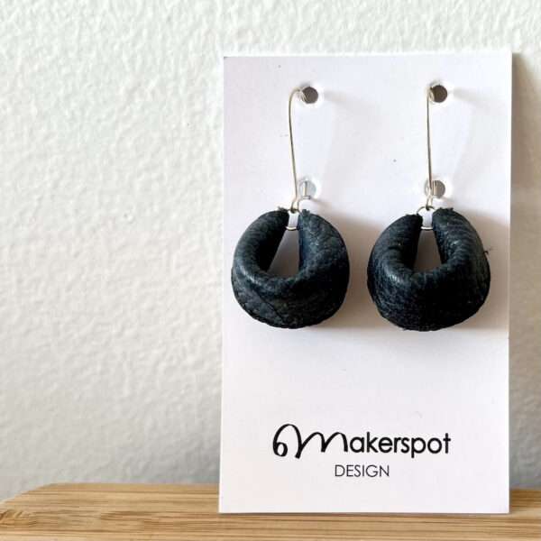 Makerspot Bliss Collection Fortune Cookie Design Handmade Small Round Dark Blue Leather Earrings with Sterling Silver Ear Hooks Minimalist One Of A Kind Statement Earrings