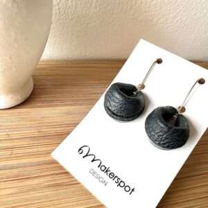 Makerspot Bliss Collection Fortune Cookie Design Handmade Small Round Dark Blue Leather Earrings with Sterling Silver Ear Hooks Minimalist One Of A Kind Statement Earrings