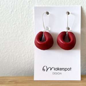 Makerspot Bliss Collection Handmade Fortune Cookie Red Round Leather Earrings with Sterling Silver Ear Hooks Minimalist One Of A Kind Statement Earrings