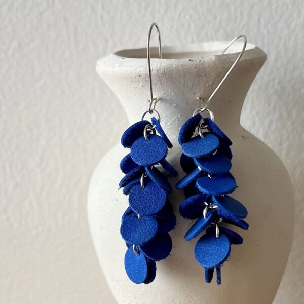 Makerspot Royal Blue Leather Grape Earrings Vine Collection Handmade Dangle Cluster Earrings Sterling Silver Hooks One Of A Kind Statement Earrings