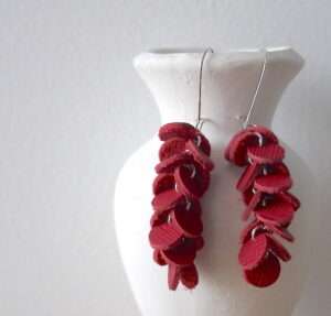 Makerspot Red Leather Grape Earrings Vine Collection Handmade Dangle Cluster Earrings Sterling Silver Hooks One Of A Kind Statement Earrings Feminine Outfit