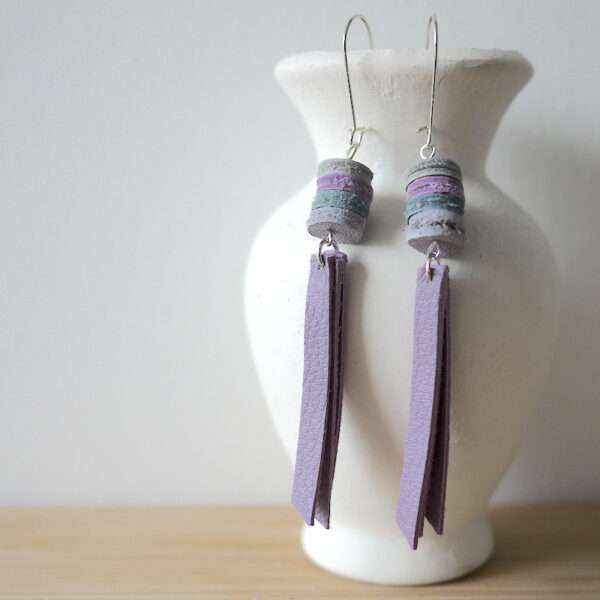 Purple Leather Tassel Earrings Sterling Silver Ear Hooks Original Design Minimalist Fringe Earrings Pastel Lavender Earrings Handmade with Lilac Leather Long Statement Earrings