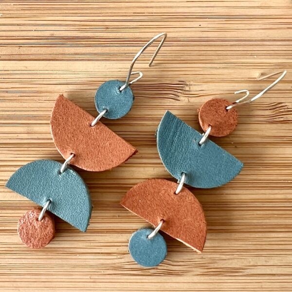 Makerspot Dance Earrings Geometric Leather Earrings Brown and Teal Earth Tone Earrings